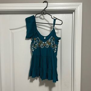 Xhilaration, small, teal/blue with flowers, flowy, soft, tiered blouse